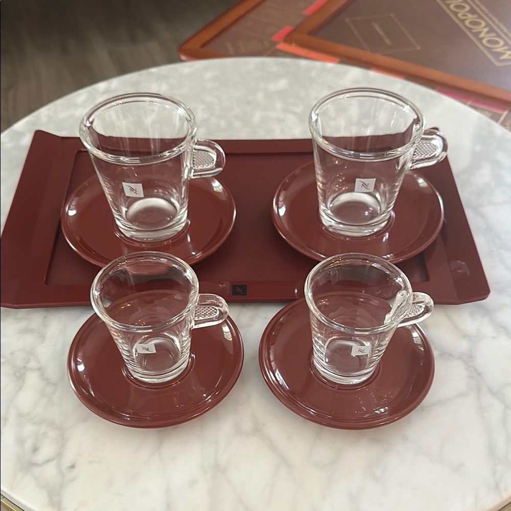 Nespresso Glass Cups with Rich Burgundy Saucers and tray